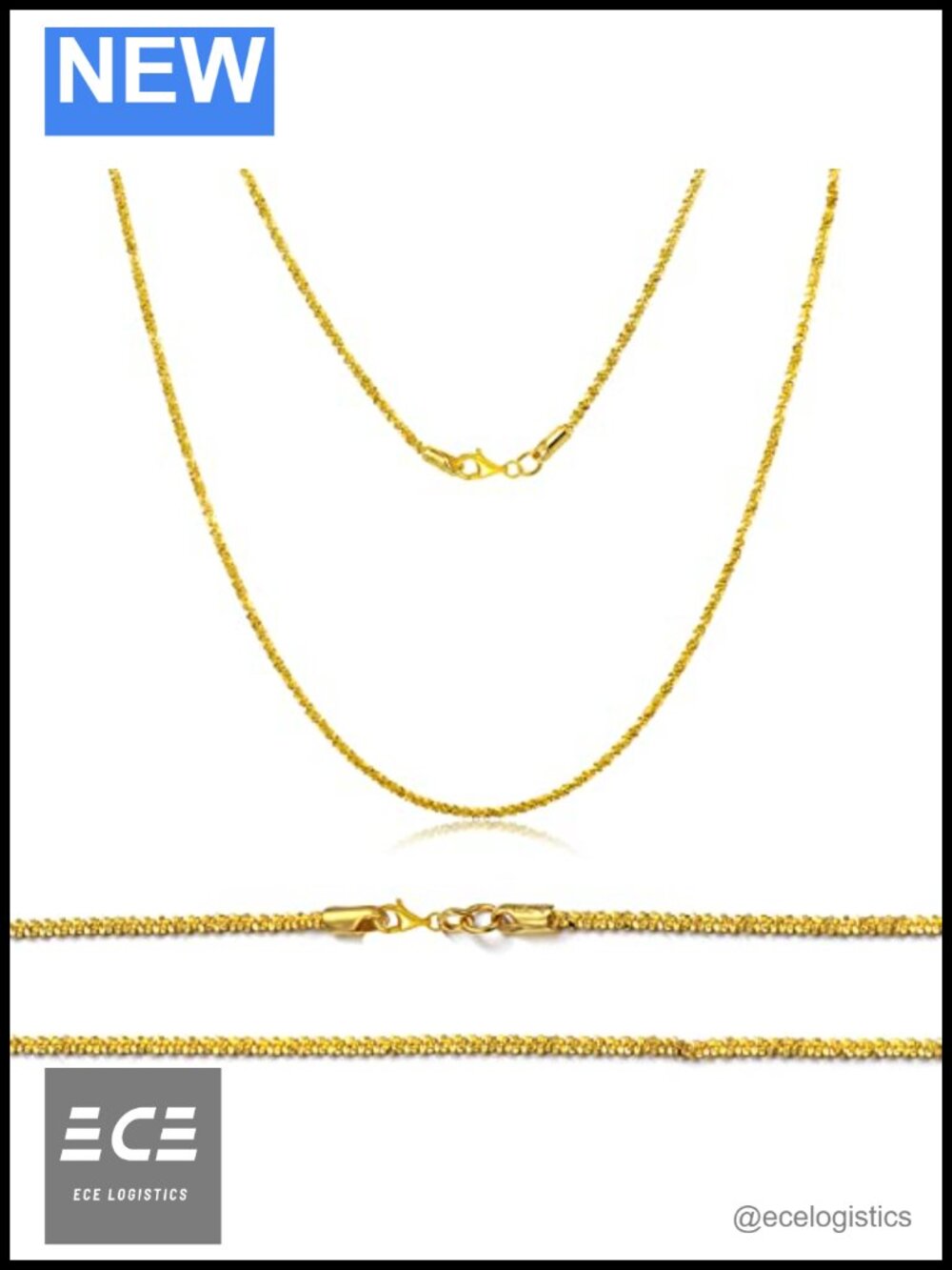 18k Gold Plated Sterling Silver Chain Necklace 3mm Diamond Cut Lobster Clasp